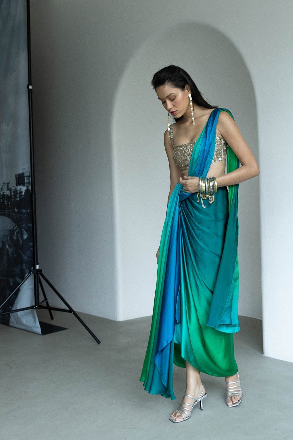 Sky Lights Drape Skirt and Blouse Set