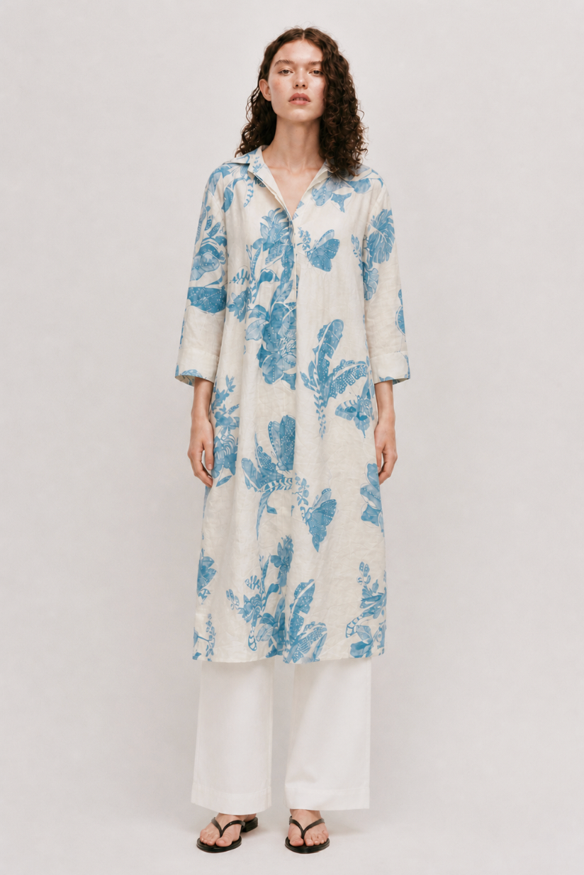 White Linen Satin Floral Kurta