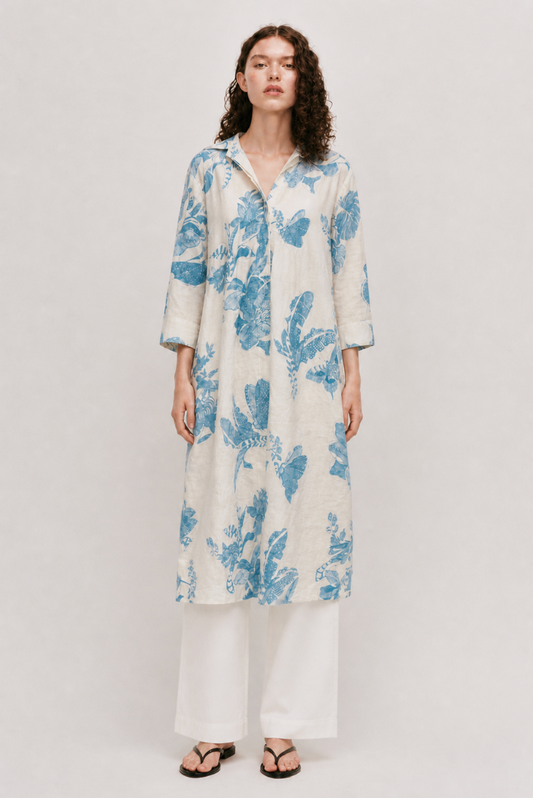 White Linen Satin Floral Kurta