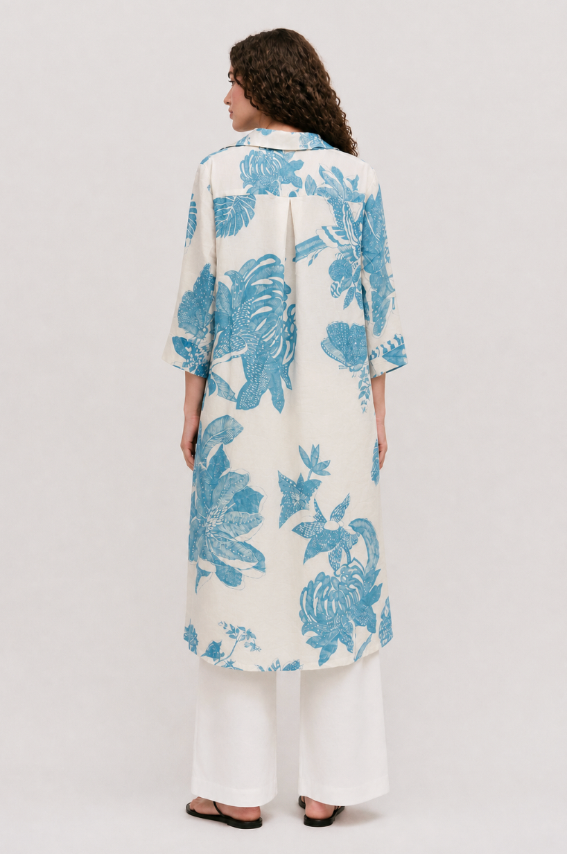 White Linen Satin Floral Kurta